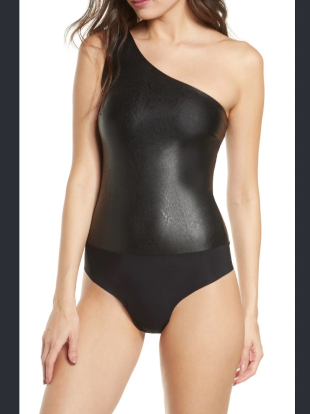Commando One‑Shoulder Faux Leather Thong Bodysuit - Black